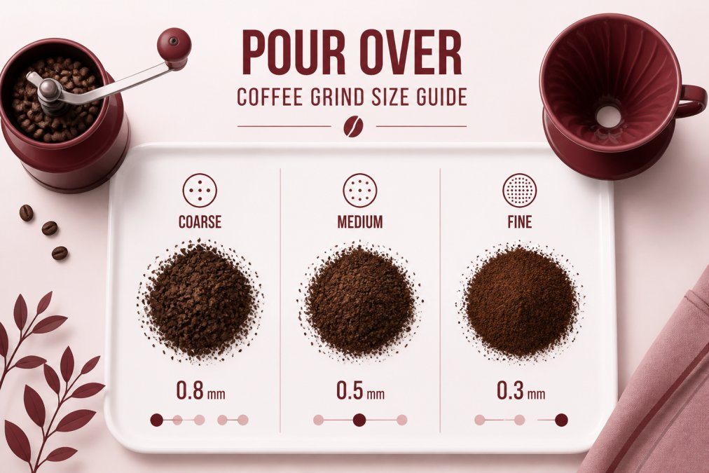 Overhead flat-lay showing three small piles of coffee grounds at different coarseness levels arranged side by side on a clean white ceramic surface, a hand grinder and a ceramic pour over dripper placed nearby, soft natural window light