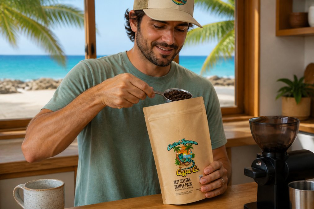 Close-up of freshly roasted coffee beans in a kraft paper bag with tropical beach setting visible through a window in soft morning light