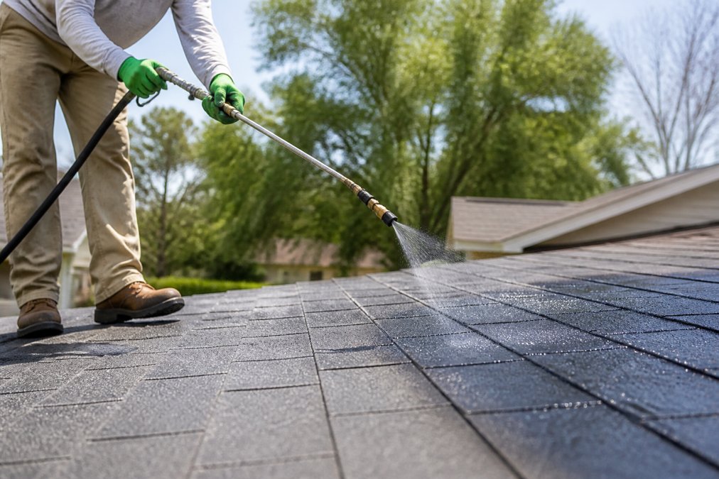 A technician's gloved hands applying a soy-based spray treatment to an asphalt shingle roof, showing the granular texture of the shingles and the sprayer wand in bright daylight