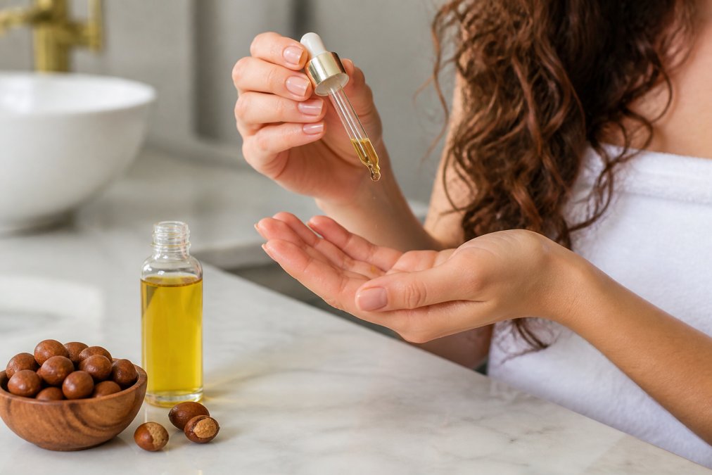 Close-up of a woman's hands applying a few drops of golden hair serum to her palms, with a bottle of serum and argan oil visible on a marble bathroom counter in soft natural light