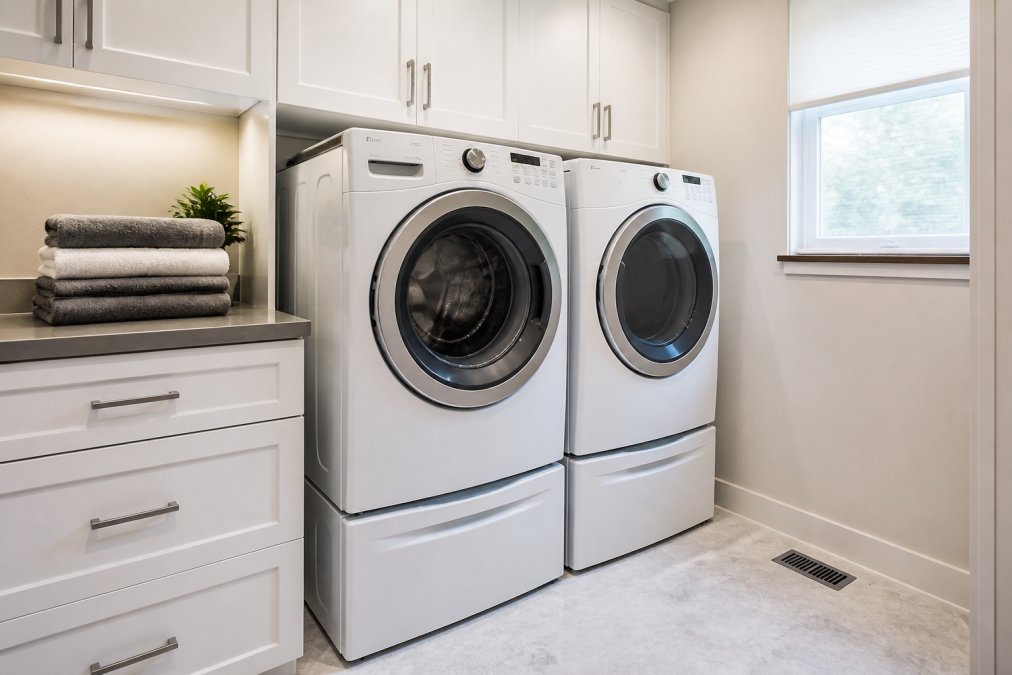 A modern laundry room with a white front-load washer and matching dryer installed side by side on white pedestals, surrounded by clean cabinetry and bright overhead lighting, with neatly folded laundry stacked on the counter