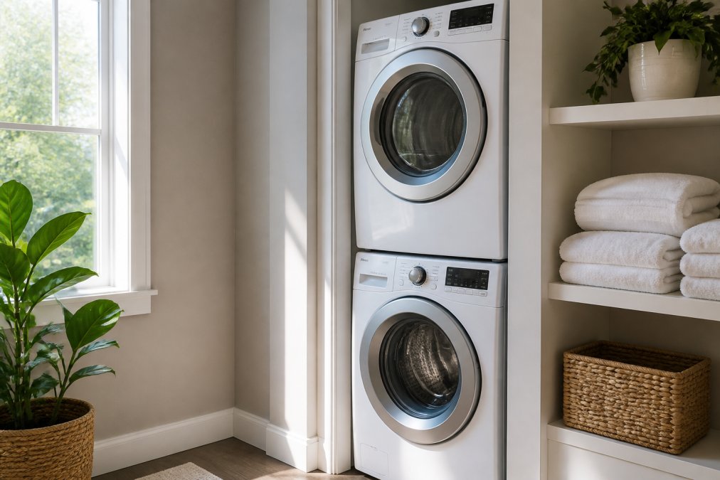 A compact laundry closet with a stacked front-load washer and dryer unit installed neatly, with folded white towels on a shelf beside it, soft natural light from a nearby window