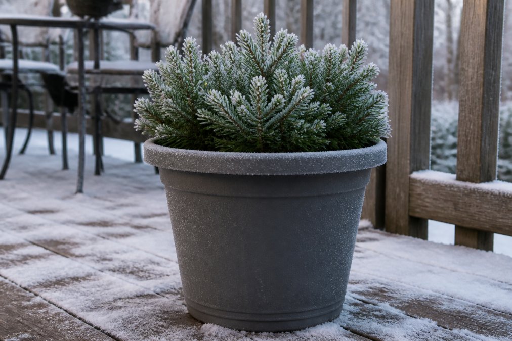 A close-up photo of a frost-resistant plastic planter sitting on a snowy wooden deck, with a small evergreen shrub inside and frost crystals visible on the rim, taken in natural winter light