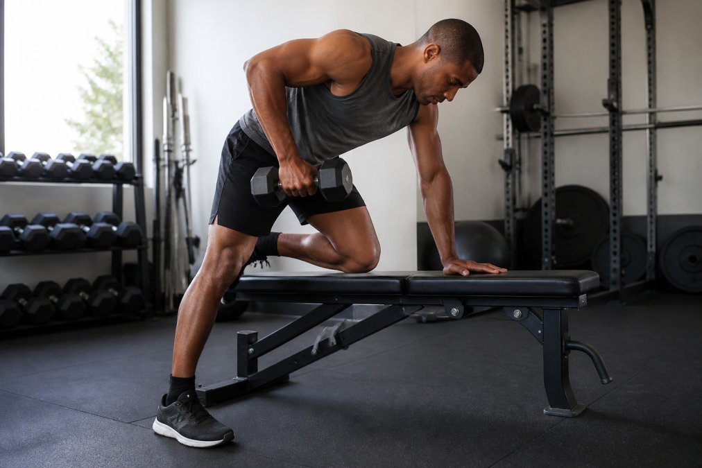 A person in athletic wear performing a dumbbell row with a 15 lb hex dumbbell in a bright home gym with rubber flooring and a bench nearby