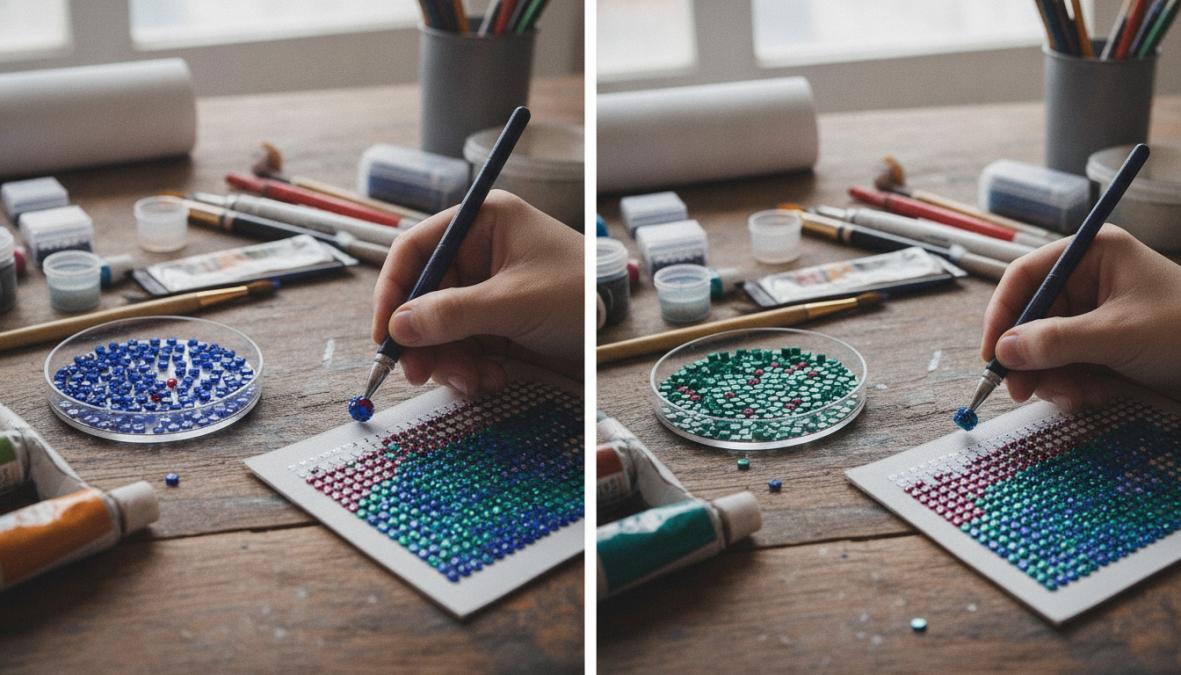 Close-up overhead shot of a diamond painting canvas in progress with round and square diamond drills placed side-by-side on the adhesive surface to show visual difference