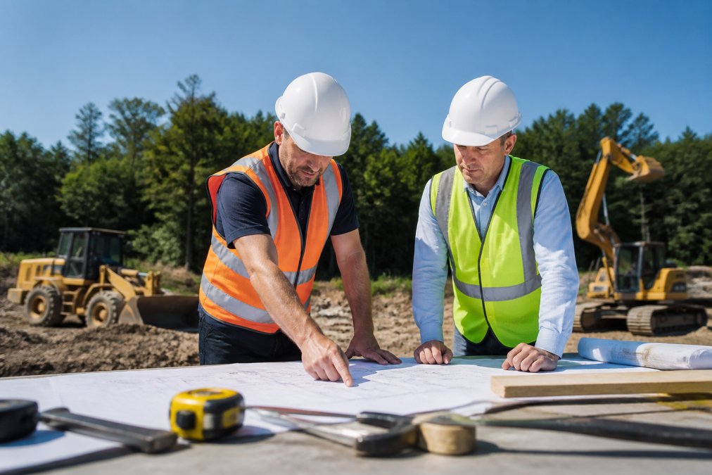 Project manager and contractor reviewing site plans and blueprints on a construction site with heavy equipment visible in background, professional collaboration in natural daylight