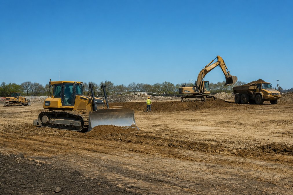 Excavation equipment and heavy machinery actively grading and preparing a commercial construction site in Metro Detroit, with workers and equipment visible in daylight