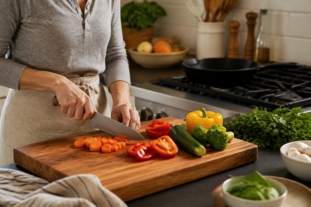 A home cook slicing vegetables on a large wooden cutting board with a chef's knife, warm kitchen lighting, cast iron skillet on the stove behind them