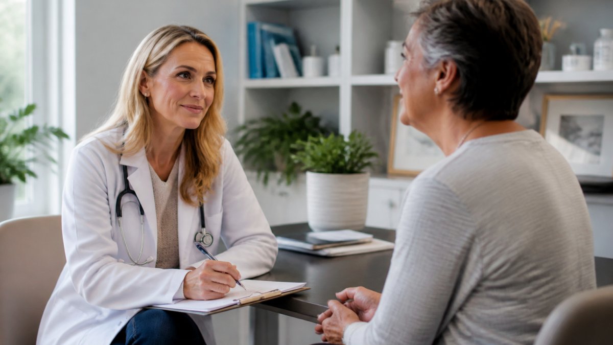 Professional female physician in bright clinical office listening attentively to middle-aged woman patient during consultation, with doctor taking notes and calm, supportive atmosphere