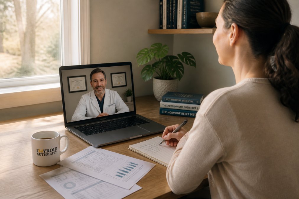Woman consulting with a healthcare provider via video call on a laptop from her home, with health documents, lab results, and wellness notes visible on the desk beside her in natural morning light