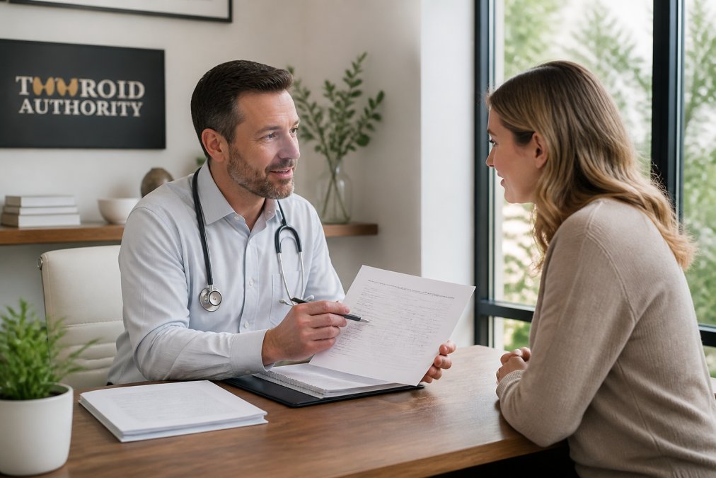 Patient meeting with a functional medicine doctor in a modern, calming clinic setting, reviewing lab results and a personalized treatment plan together at a desk with natural window lighting