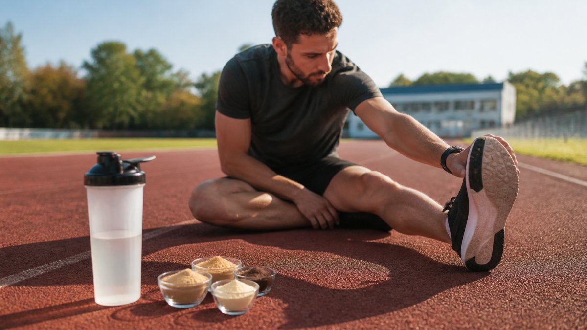 A runner sitting on a track stretching after a workout, with a shaker bottle and small bowls of mushroom powder nearby in warm morning light