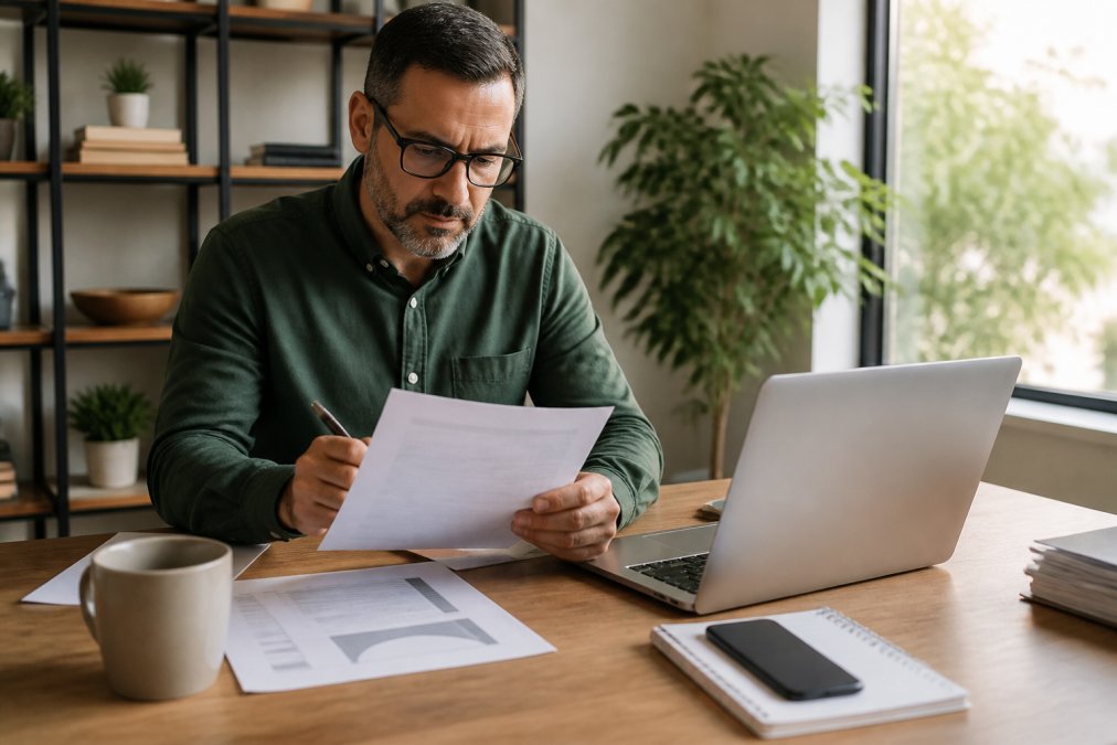 A small business owner reviewing loan options on a laptop at a desk with financial documents and a coffee cup nearby, bright natural light