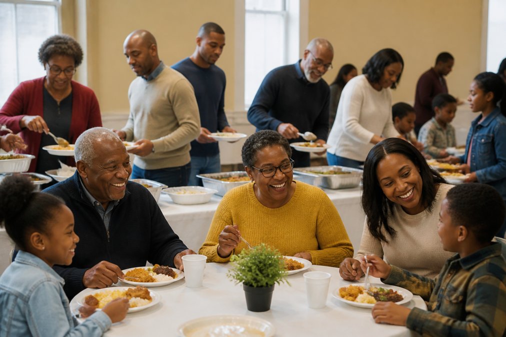 A diverse group of congregation members and families enjoying a church potluck dinner together in a fellowship hall, with tables of food and people laughing and connecting over shared meals