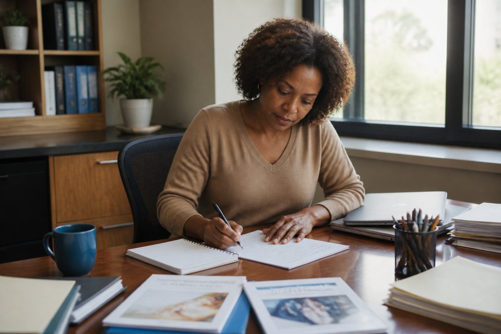A school administrator or parent sitting at a desk writing a fundraising letter on a laptop, with printed materials and a notepad nearby in a warmly lit office
