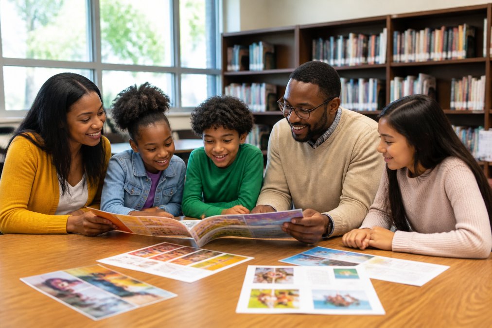 A diverse group of students and teachers smiling while reviewing a colorful product catalog together at a school library table, natural window light