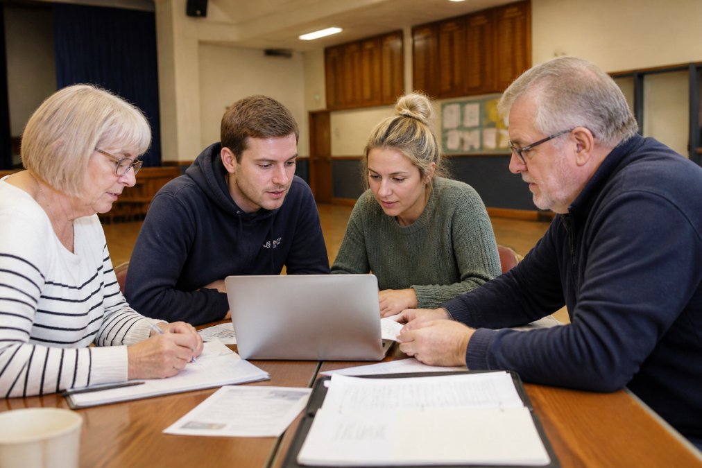 A small group of volunteers gathered around a laptop in a community hall, reviewing fundraising campaign details together under warm overhead lighting