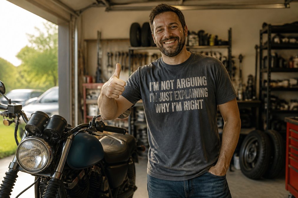 A man in his 30s wearing a vintage-style graphic tee with a sarcastic slogan, standing in a sunlit garage next to a motorcycle, smiling and giving a thumbs up