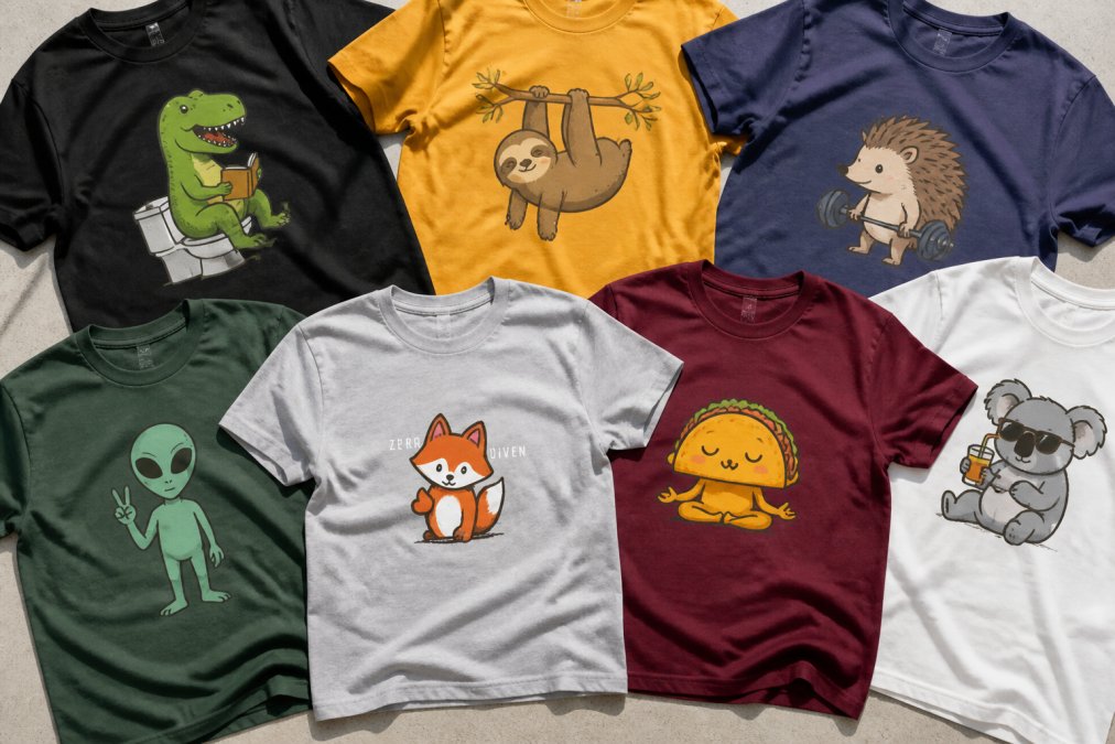 A collection of colourful funny statement t-shirts displayed flat on a neutral surface, showcasing hand-drawn designs and vibrant prints with witty slogans clearly visible on each shirt