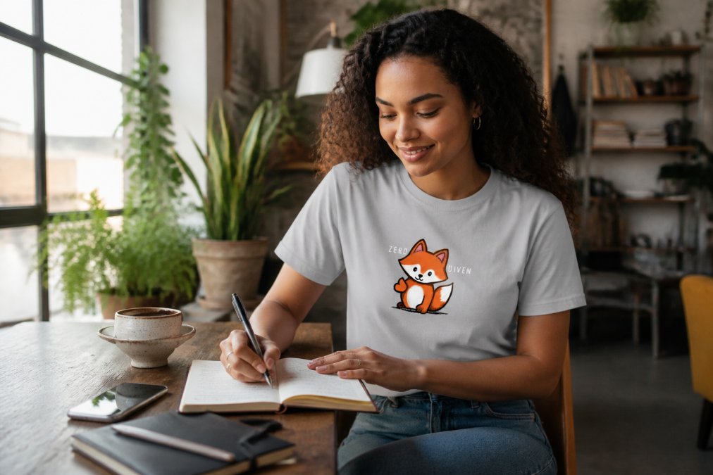A person wearing a funny statement t-shirt paired with well-fitted jeans and casual accessories, styled for everyday wear in a relaxed home or café setting with natural window lighting