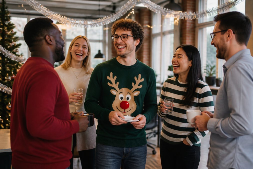 A group of colleagues in a bright modern office laughing together, one person wearing a funny graphic sweater with a humorous design, casual festive atmosphere with tinsel and fairy lights in the background