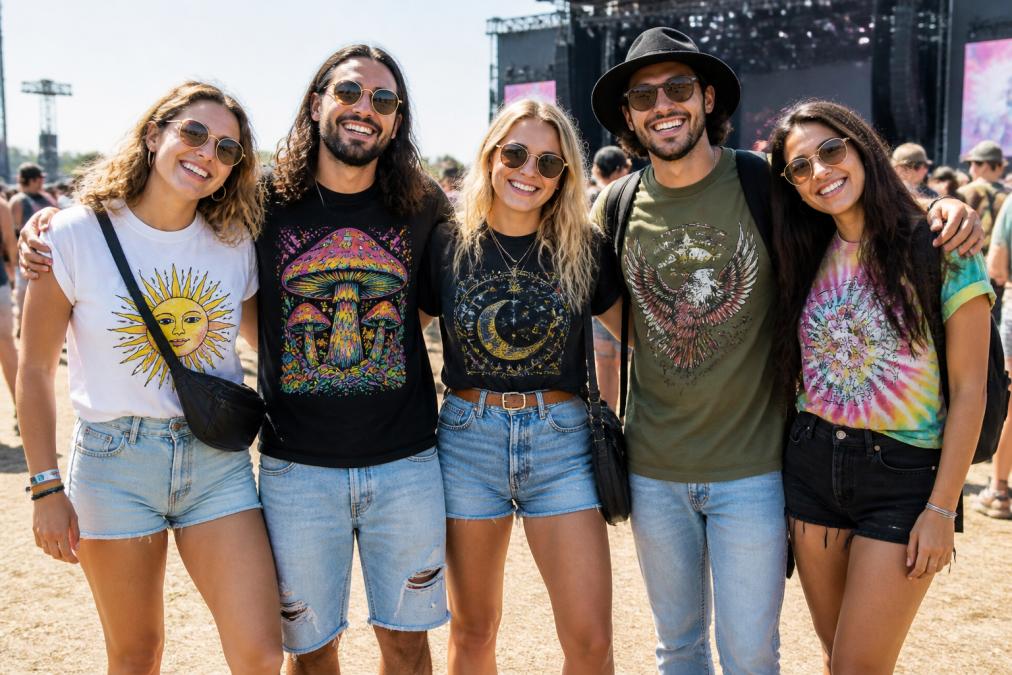 Group of festival-goers wearing colorful graphic tees paired with denim shorts, high-waisted jeans, and boots at an outdoor daytime music festival with natural sunlight, standing together with arms around each other