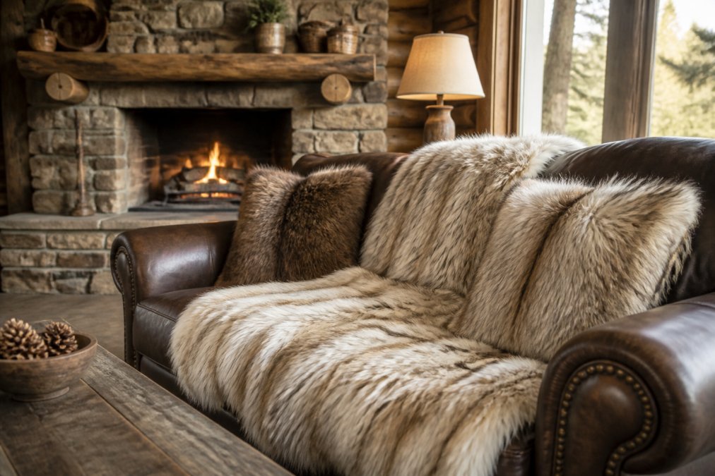 Cozy rustic living room featuring a leather sofa styled with layered faux fur accessories and textured pillows.