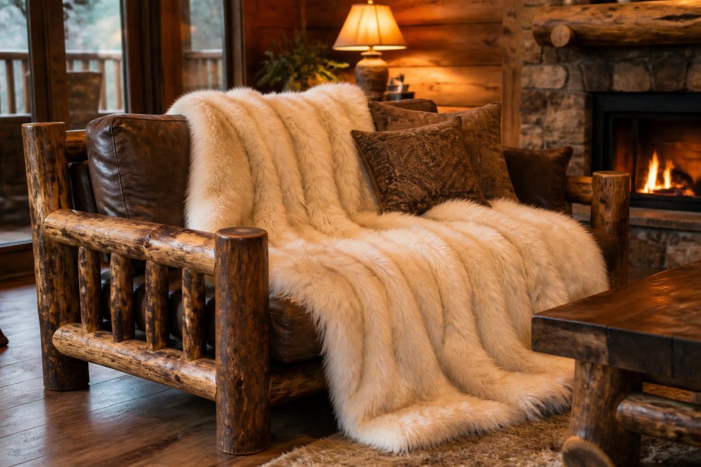 A cozy rustic living room with a chunky log-frame sofa draped in a long-haired faux fur throw blanket in ivory white, warm wood flooring, and a lit stone fireplace in the background, soft amber lamplight