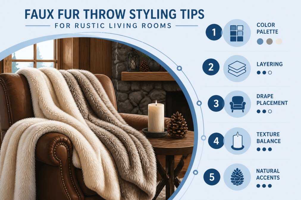 Close-up of layered faux fur throws in cream and taupe tones draped over a leather armchair next to a wooden side table with a pillar candle and pinecones, warm cabin-style interior with soft natural light