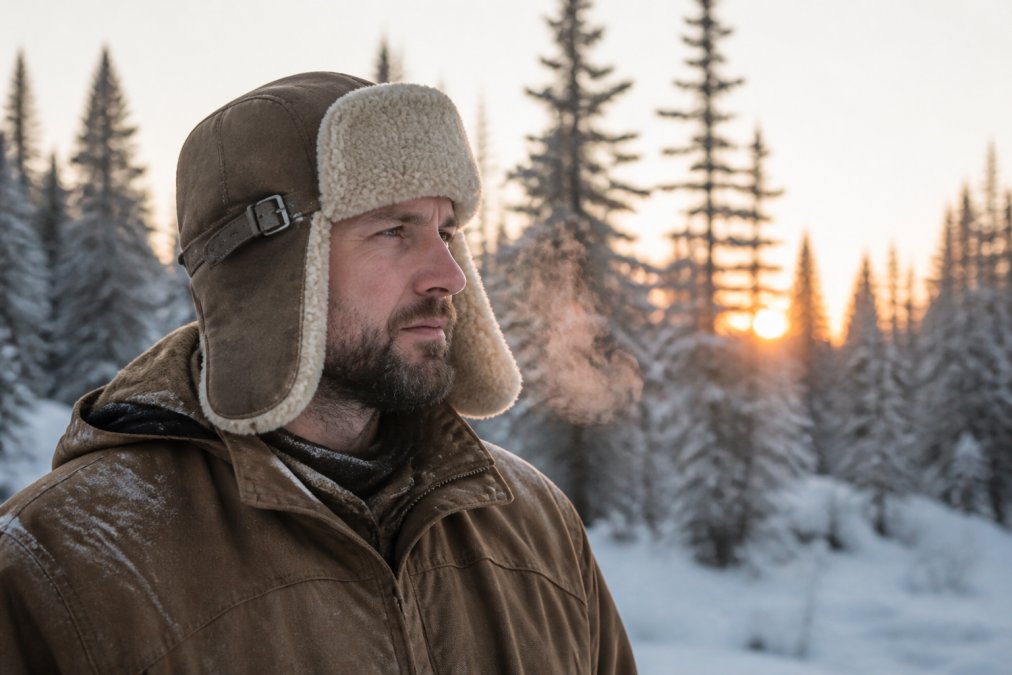 Man wearing a shearling aviator fur hat in a snowy forest at dawn