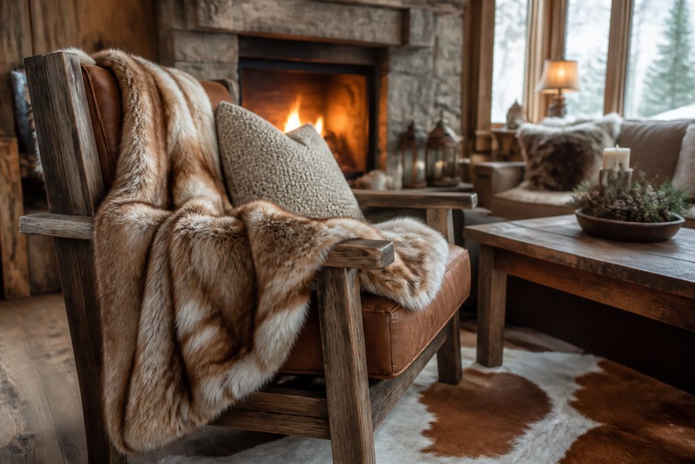 A cozy rustic living room with a luxurious fur blanket draped over a weathered wooden armchair, warm fireplace glow in background, layered with chunky knit pillows and natural wood furnishings