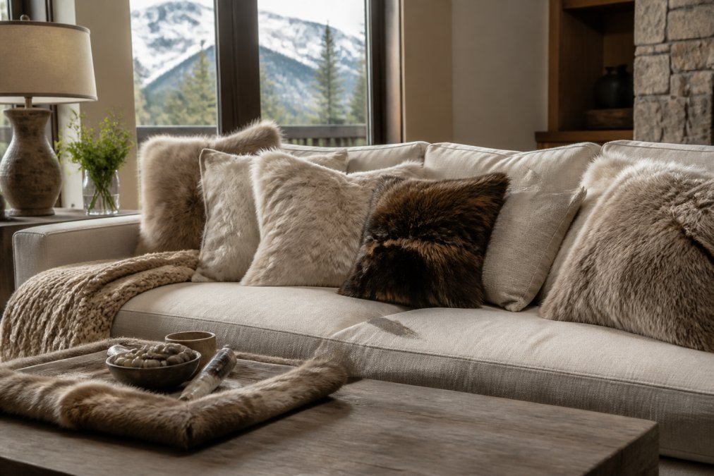 A modern living room sofa styled with layered fur pillows in varying earth tones and textures, mixed with linen and wool accents, natural window lighting, neutral walls