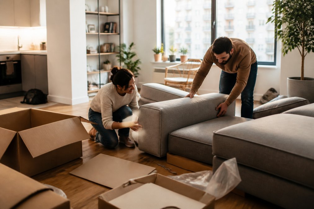 A young couple in a bright, compact apartment living room assembling a flat-pack modular sofa, with cardboard packaging and an Allen key on the floor beside them, afternoon light through a large window