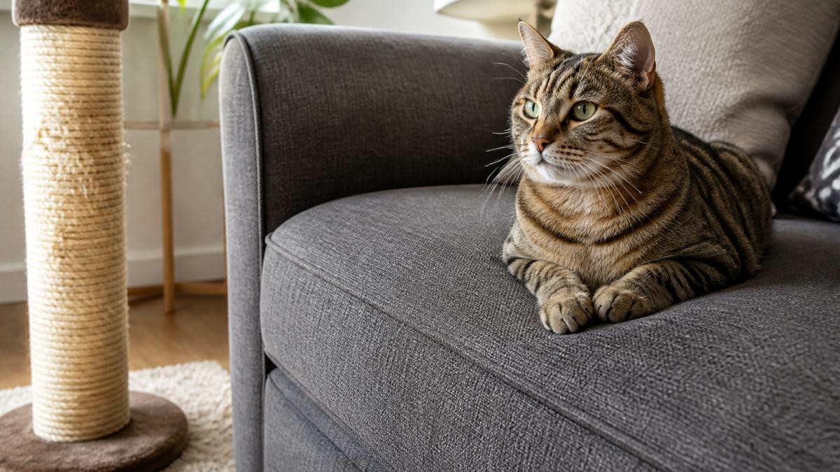 A close-up of a cat sitting on a textured microfiber couch in a bright living room, with a sisal scratching post nearby showing claw marks on the post instead of the furniture