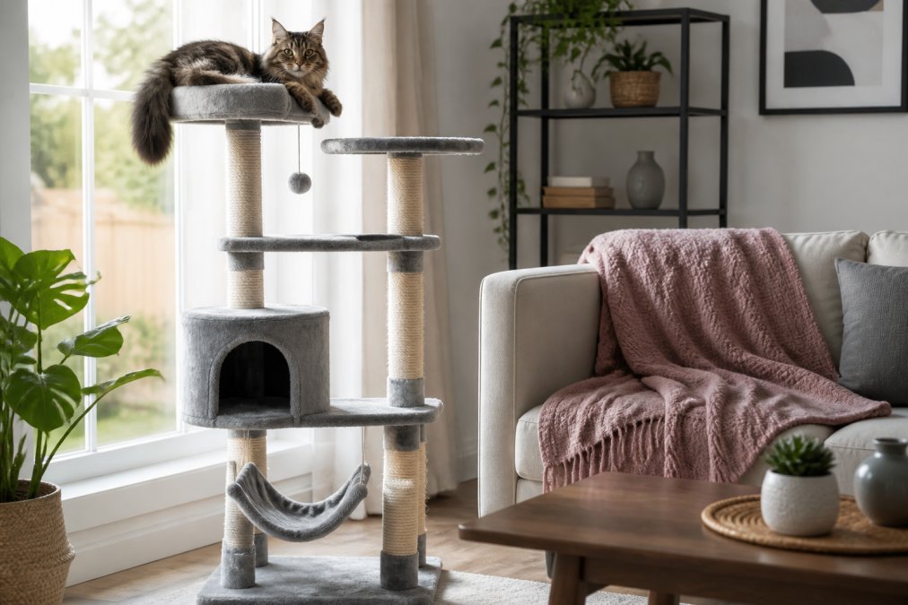 A cat lounging on a multi-level tower in one of the best homes with pets, next to a modern sofa with a throw.