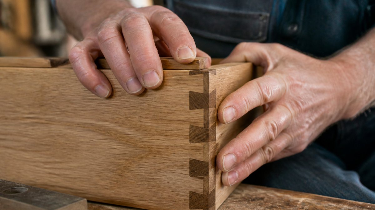 Skilled furniture maker's hands carefully inspecting and testing dovetail joinery on a wooden drawer, showing the interlocking joints up close with natural workshop lighting