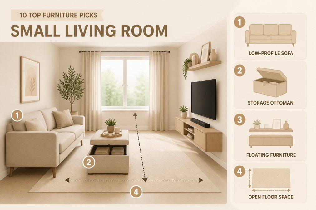 Bright, compact living room featuring a low-profile sofa with slim armrests, a storage ottoman doubling as a coffee table and seating, floating furniture arrangement creating clear sightlines, and open floor space visible throughout the room