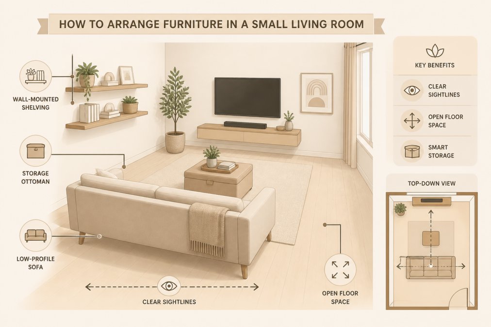 Minimalist small living room with a low-profile sofa floated away from the wall, creating clear sightlines across the room, a storage ottoman positioned as a coffee table, wall-mounted shelving displaying books and plants, and visible floor space throughout creating an open, airy feel