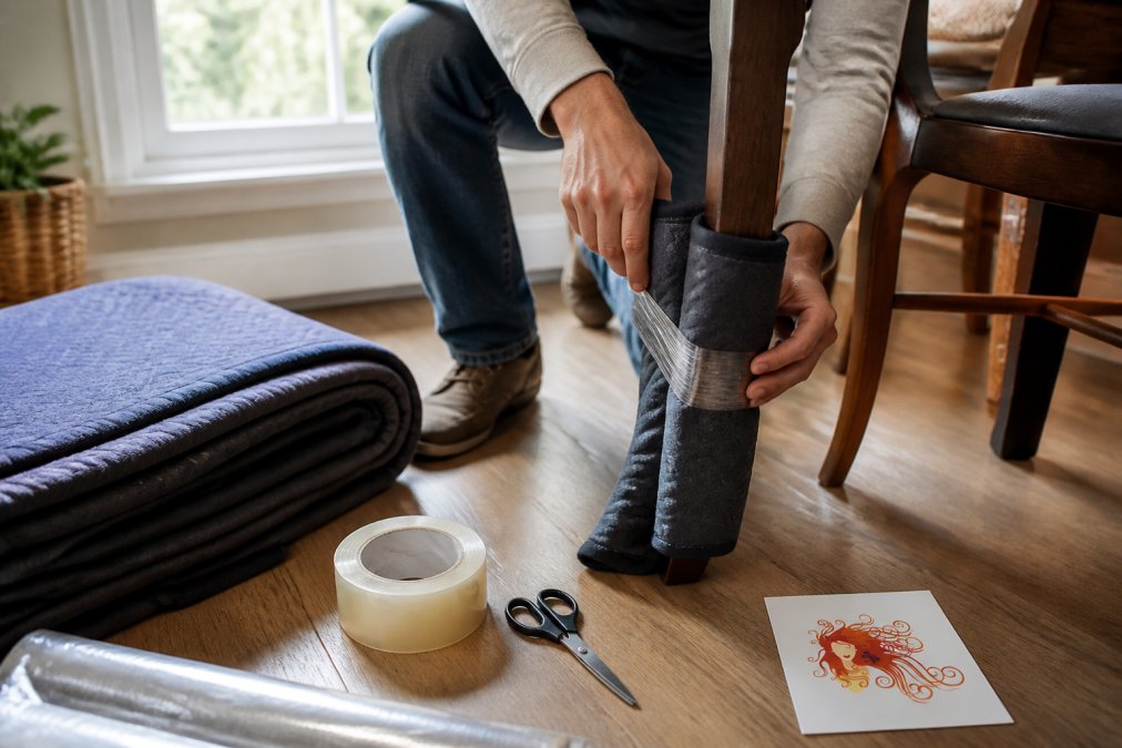Close-up of hands wrapping a wooden chair leg with protective blanket material, securing it with clear packing tape on a clean hardwood floor with natural window lighting