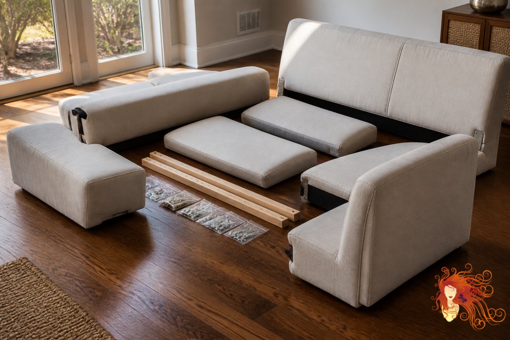 A sofa disassembled into separate pieces laid out on a hardwood floor, with hardware organized in labeled plastic bags nearby, afternoon natural light streaming through windows