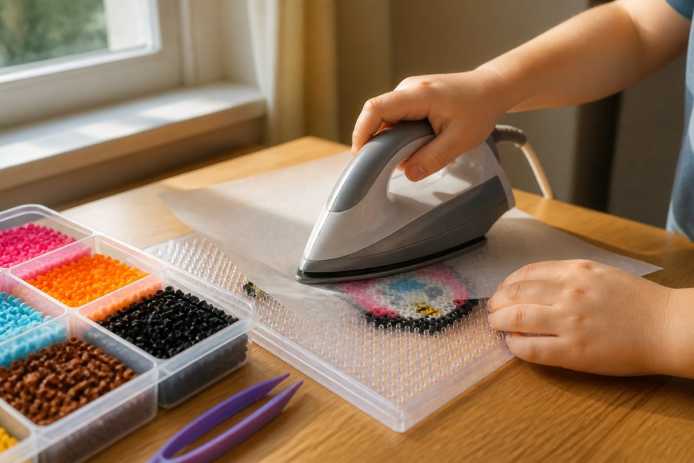 Child's hands carefully positioning an iron over a pegboard covered with parchment paper, with colorful fuse beads arranged in a pixel pattern on the grid below, warm natural light from a window illuminating the crafting surface