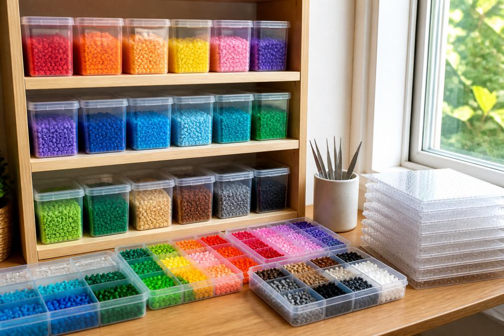 Bright crafting station with wooden shelving displaying labeled clear plastic containers filled with color-sorted fuse beads, small trays organized by color family, tweezers in a cup, and pegboards stacked neatly on the side of a desk with natural window light