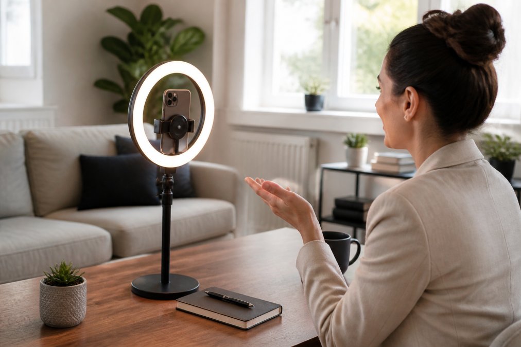 A professional woman at a home desk with a smartphone attached to a magnetic ring light, during a video call in a bright, modern home office