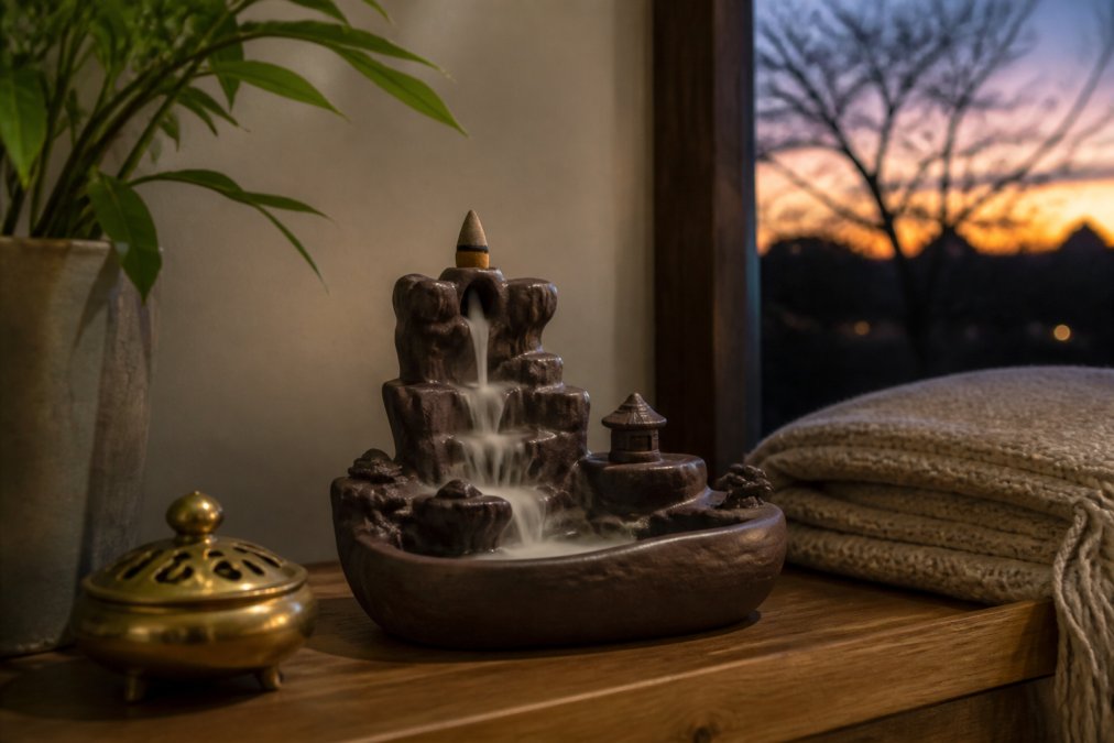 A ceramic backflow incense burner on a wooden shelf at dusk, thin white smoke cascading downward over carved landscape patterns, a small brass incense holder and a folded blanket nearby