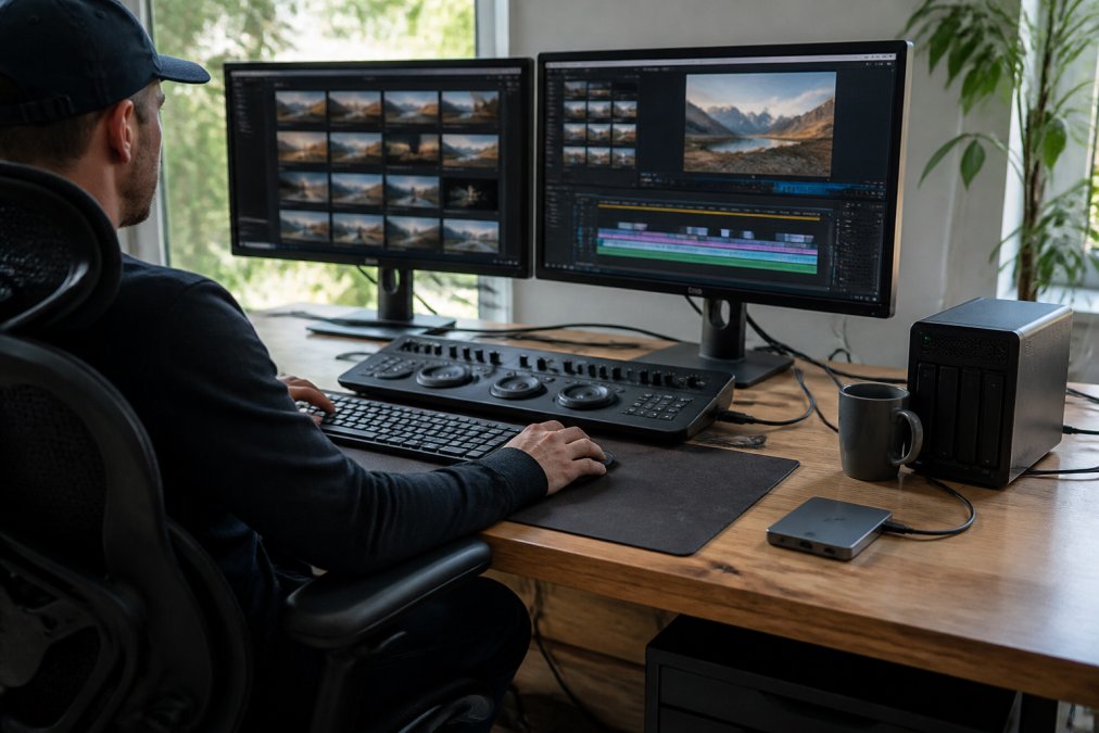 Professional video editor's workstation showing multiple monitors, external SSD connected via USB, editing console with illuminated buttons, ergonomic keyboard and mouse, organized cables behind desk with natural window lighting