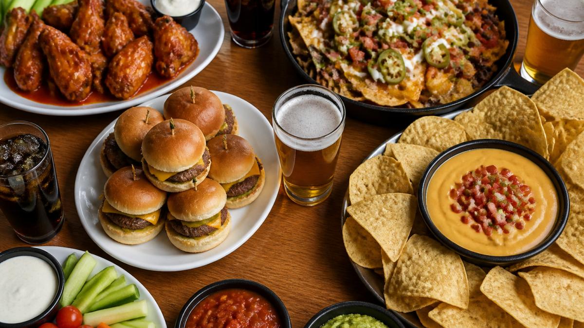 Infographic layout of top game day appetizers including wings, loaded nachos, sliders, and dips for group hosting.