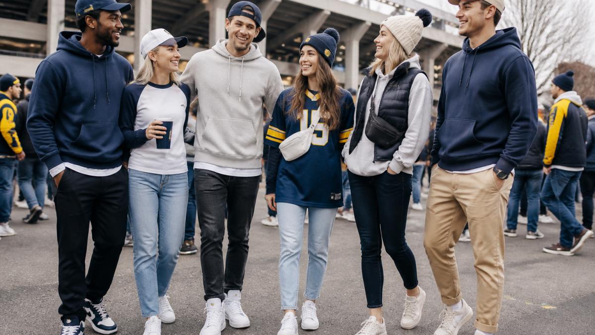 Sports fans in stadium wearing coordinated team apparel including hoodies, graphic tees, and caps, demonstrating different styling approaches with layered outfits and comfortable footwear