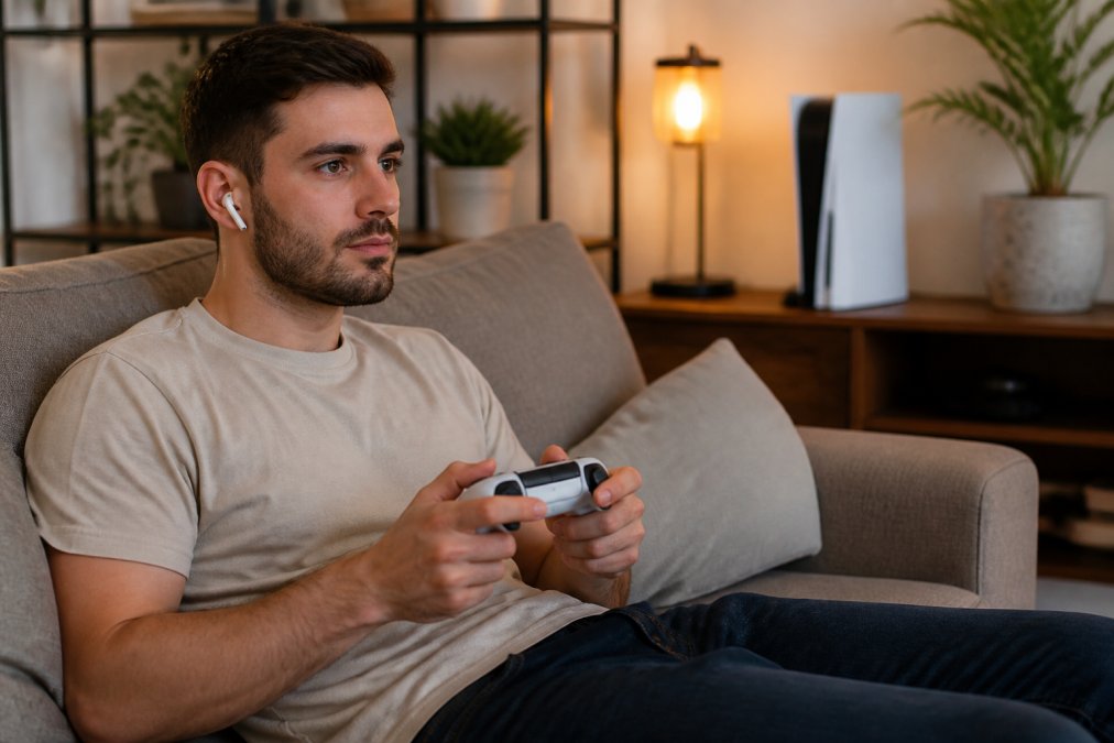 A casual gamer wearing wireless earbuds while relaxing on a couch, playing on a gaming console in a comfortable home setup with soft ambient lighting