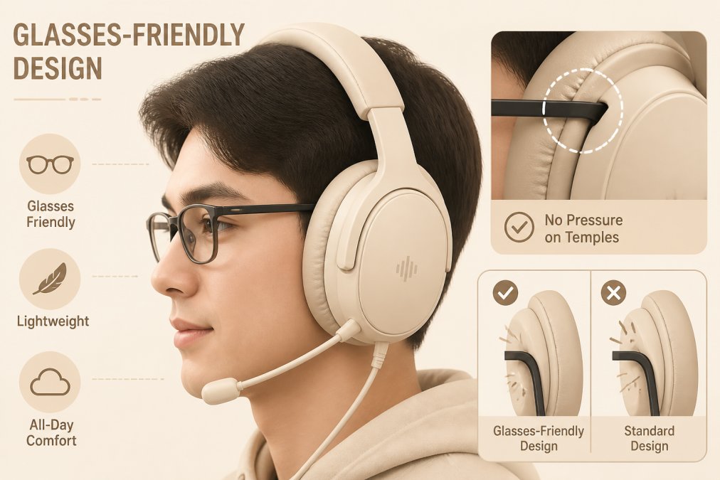 Close-up of a person wearing gaming headphones over eyeglasses, showing proper fit and comfort with no pressure points on the temples
