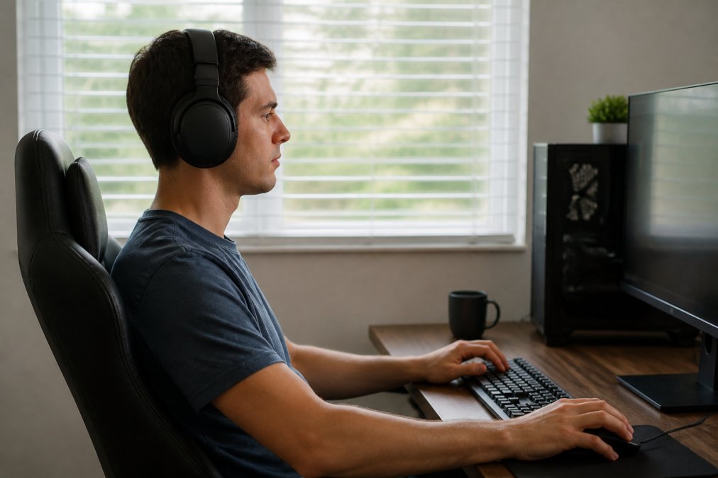Casual gamer wearing wireless headphones while seated at gaming desk in relaxed posture, playing on PC monitor with natural window lighting, showing comfortable long-session positioning
